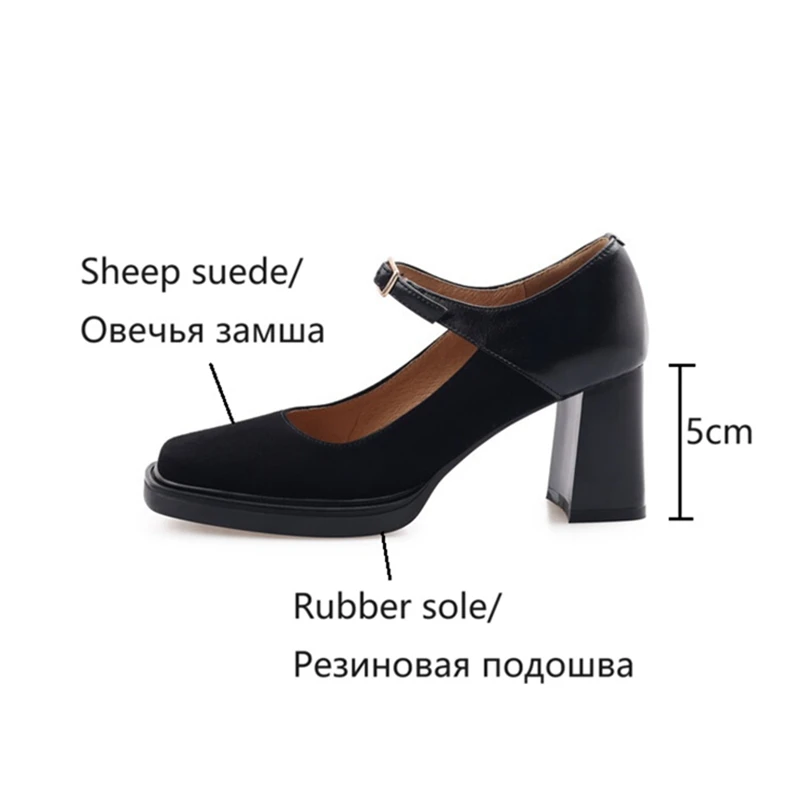 NEW Spring/Autumn Women Pumps Sheep Suede Leather Shoes for Women Square Toe Chunky Heel Women Shoes High Heel Mary Janes Shoes