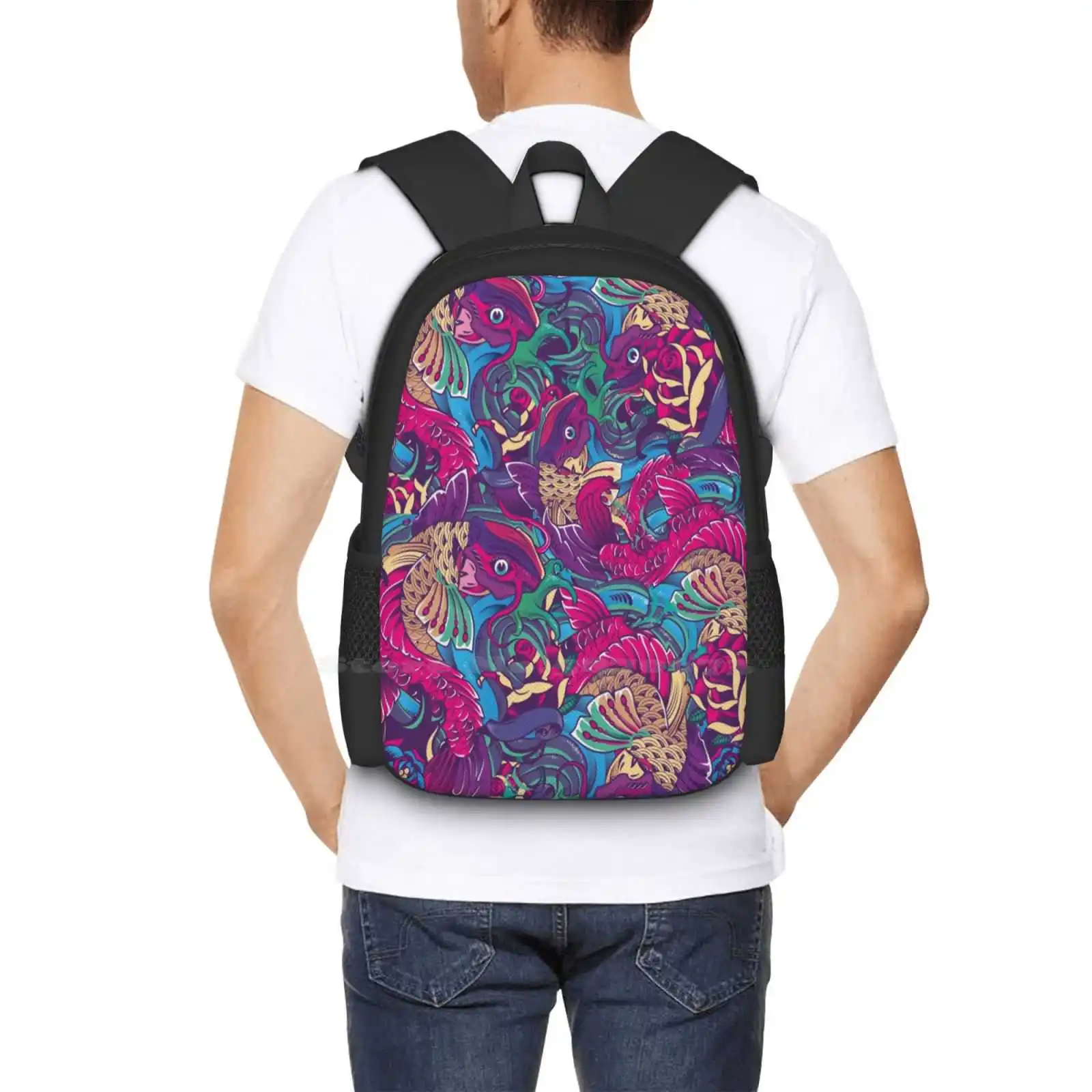 Koi School Bags For Teenage Girls Laptop Travel Bags Koi Fish Tatttoo Animal Colors Vector Pattern