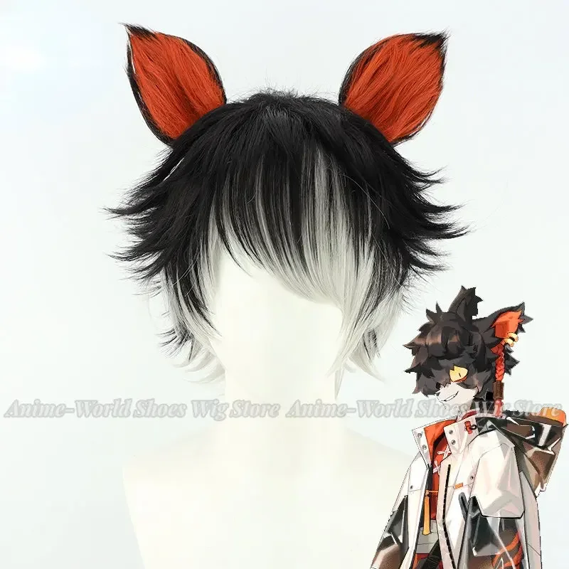 Arknights Aak Cosplay Wig Ears Short Straight Black Mixed Red Heat Resistant Hair Game Headwear