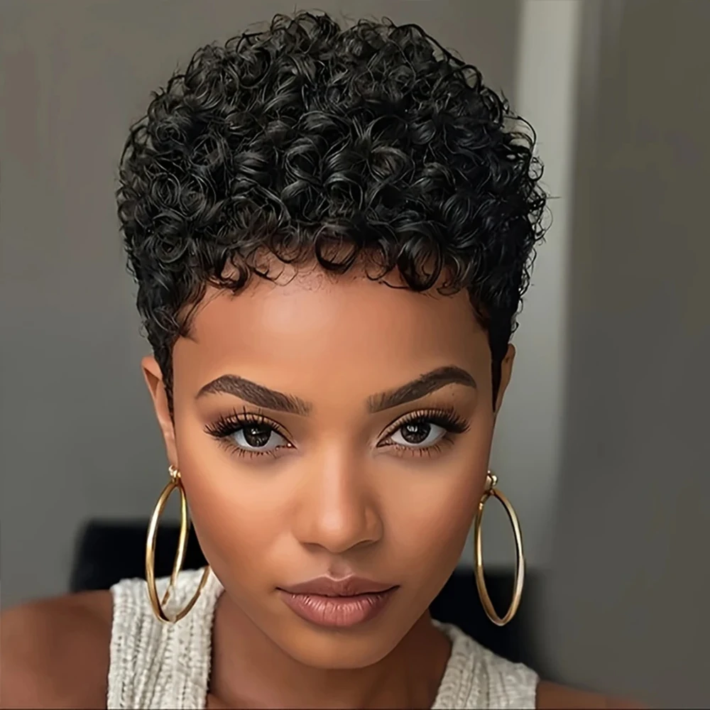 Pixie corte perucas brasileiras virgem remy peruca de cabelo humano para preto feminino curto afro kinky encaracolado máquina feita perucas