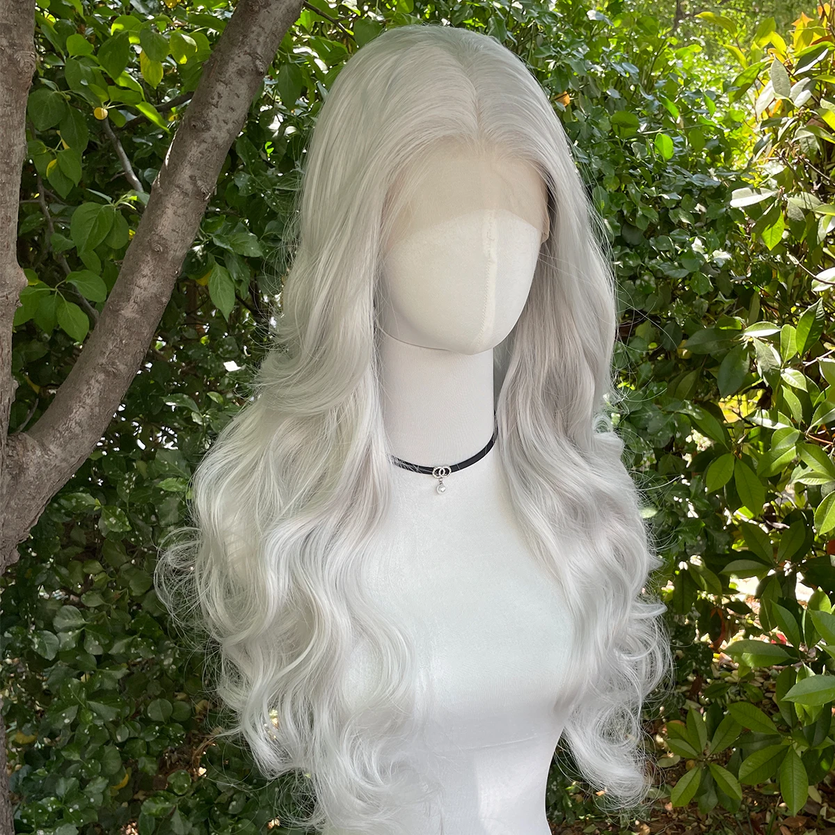 Sliver Grey 13X4 Synthetic Lace Front Wigs for Women 26 Inch Long Wavy Glueless Synthetic Wigs Gray Free Part 150% Density