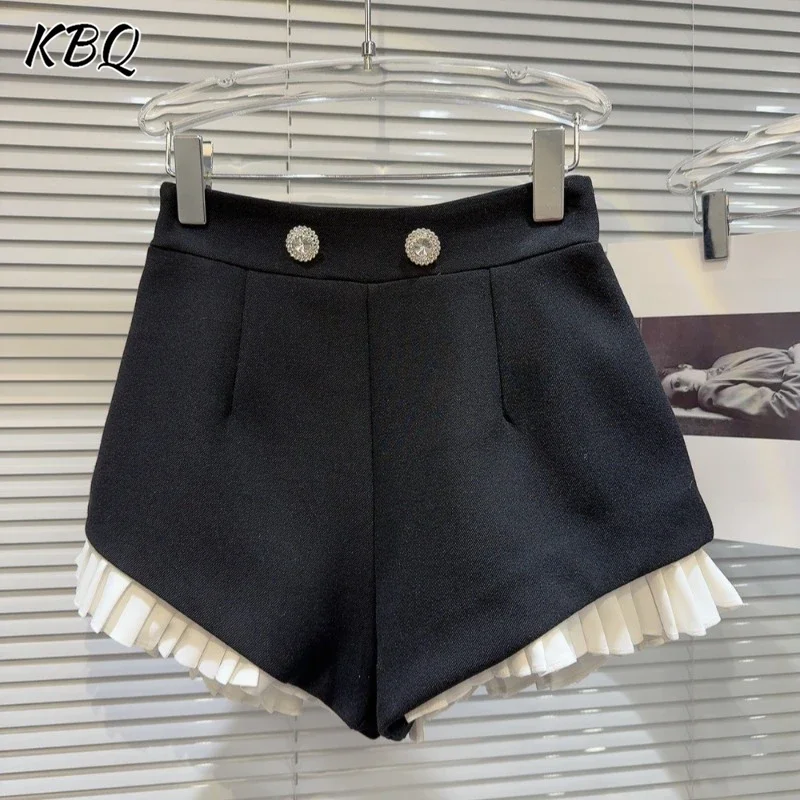 KBQ Shorts Chic Diamantes Temperados para Mulheres Cintura Alta Elegante Patchwork Folds Chique Calças Curtas Femininas Estilo Moda Feminina