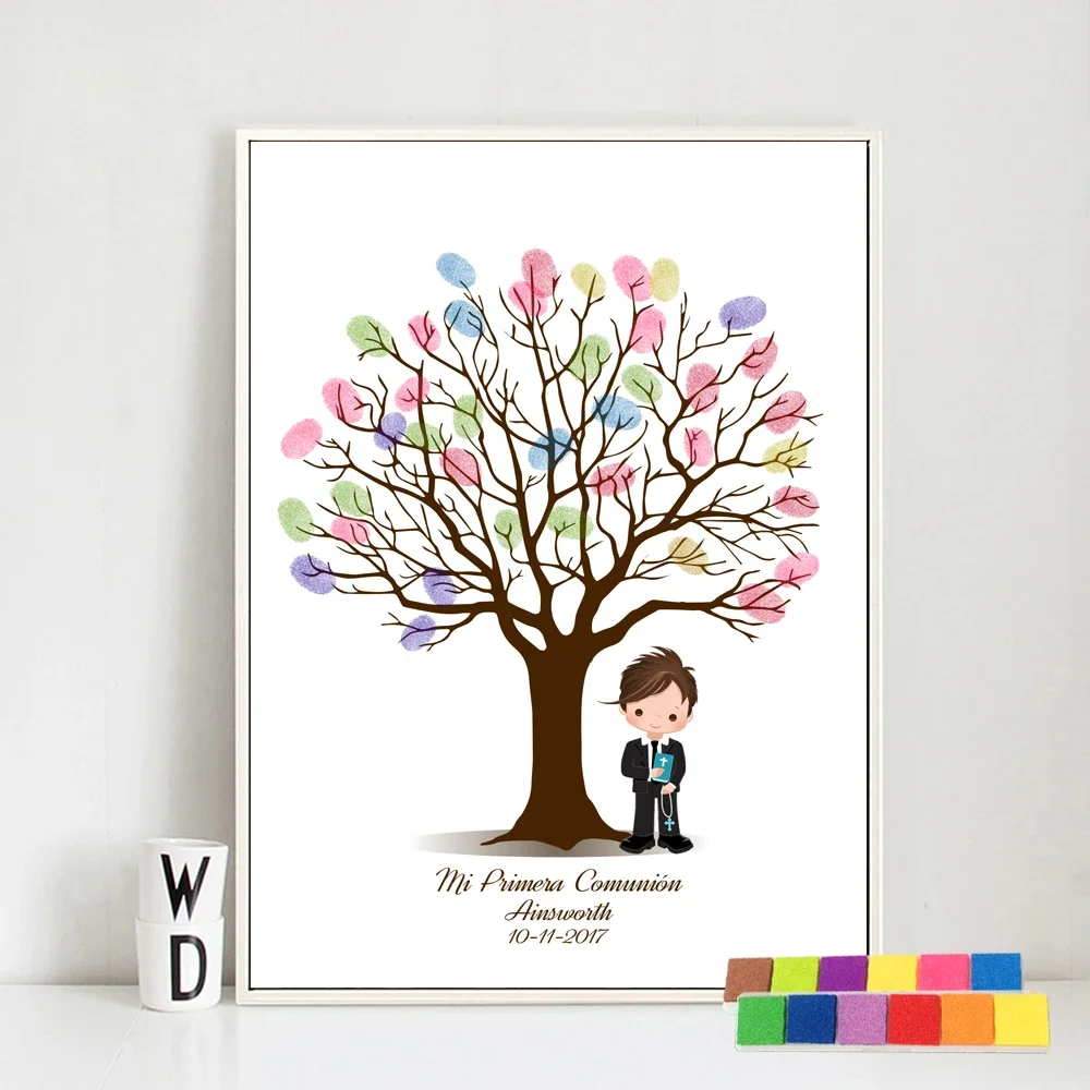 First Communion Boy Fingerprint Tree Guestbook Baby Shower Souvenir Canvas Poster Baptism Birthday Wall Art Picture Room Decor