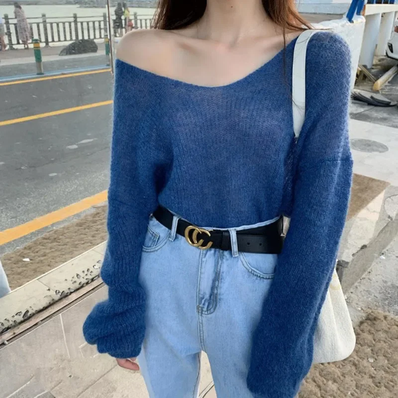 Women Fuzzy Thin Sweaters Cute V Neck Loose Short Knitted Top Summer Fashion Sheer Sunscreen Shirt Pullover Sweet Yellow Jumpers