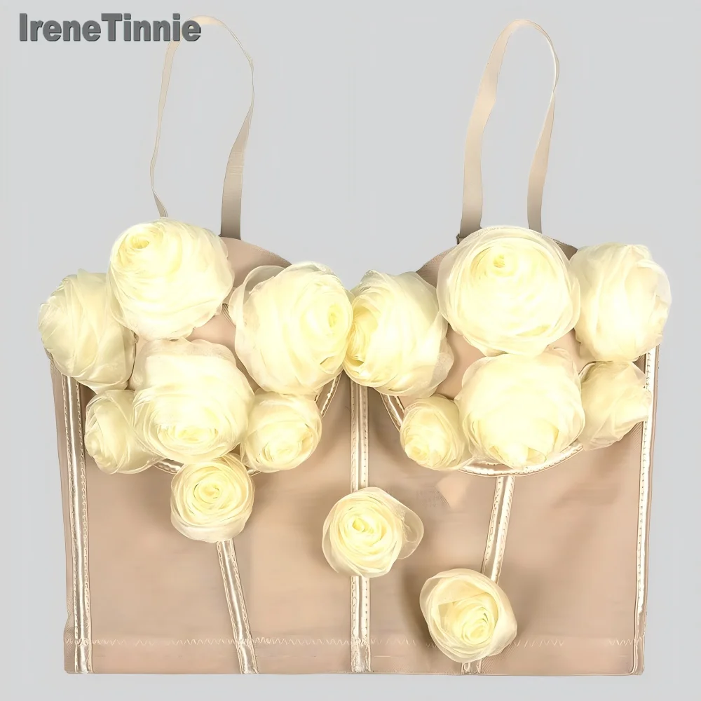 IRENE TINNIE 2025 Zomer Casual Outfits 3D Bloem Tops Vrouwen Elegante Stereoscopische Bloem Mesh Corset Sexy Korte Crop Top Mujer