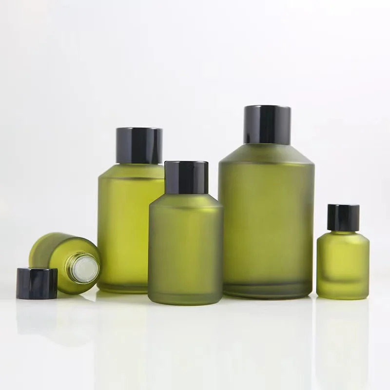 Bulk Leeg 15/30/60/100/120/200Ml Mat Groen Glas Vloeibare Huidverzorging Toner Verwijderaar Fles Met Zwarte Schroefdeksel Platte Stop Cn