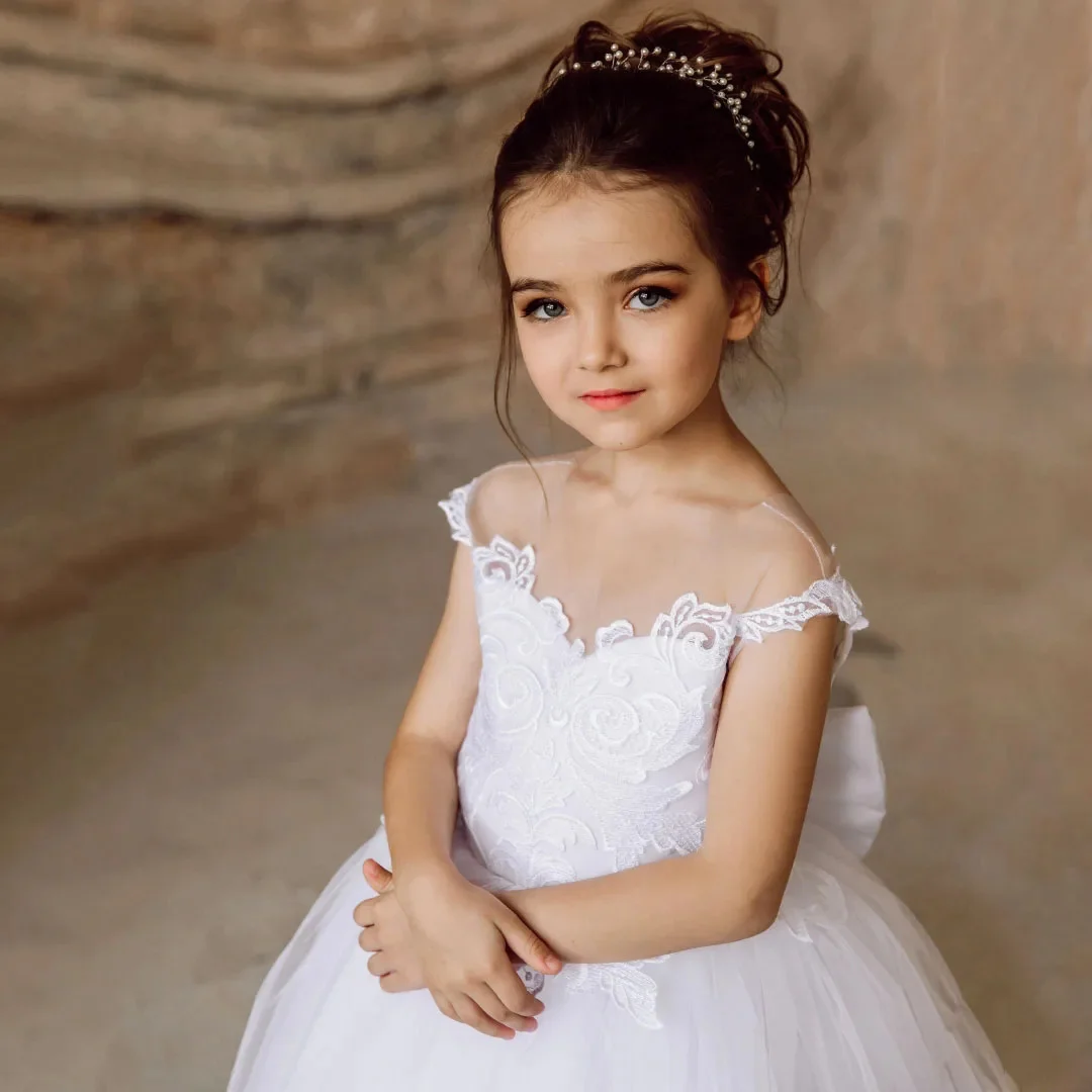 Customized Wedding Birthday White Flower Girl Dress Floral Appliques With Bow Sleeveless For Party Prom Holy Communion Gown