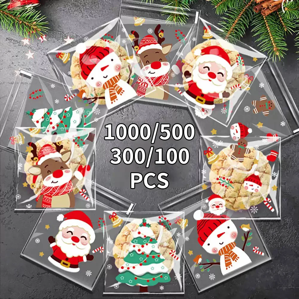 Bolsas autoadhesivas navideñas OPP 1000/500/300/100 piezas para dulces, chocolate, galletas, meriendas, horneado Dim Sum - Cinco empaquetados