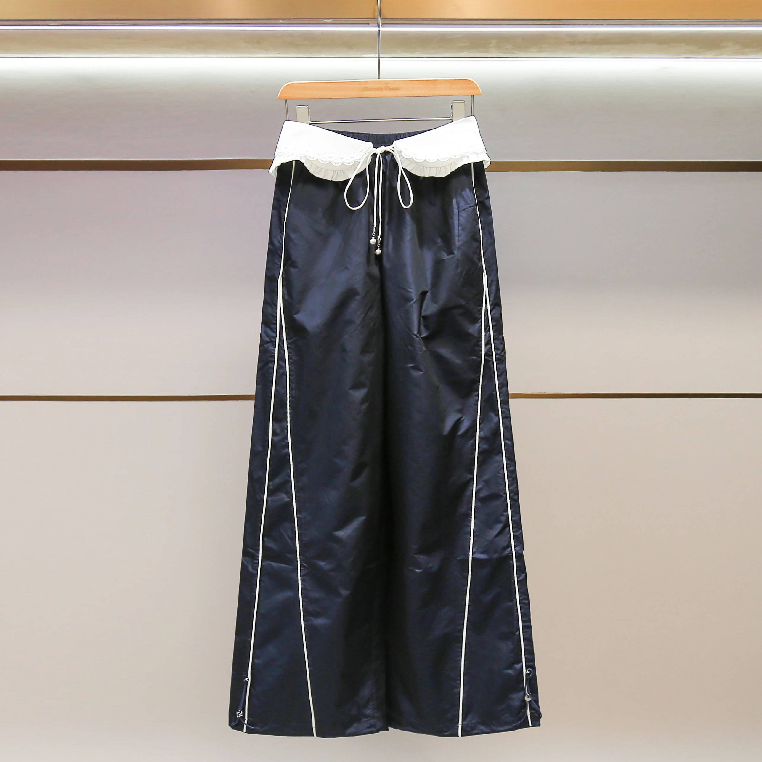 

Модные свободные повседневные длинные брюки для женщин королевского синего цвета с вышивкой, с высокой талией, прямого кроя, осенняя новинка