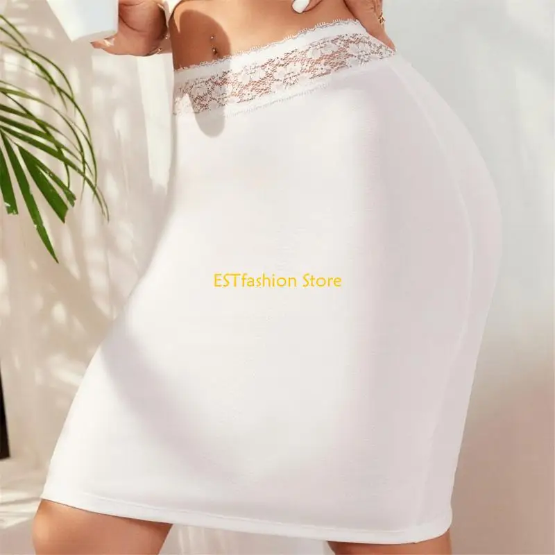 Y5GC Women Half Slip Knee Length Lace Waistband Underskirt Under Dresses Half Slip Basic Color Elastic Waist Petticoat