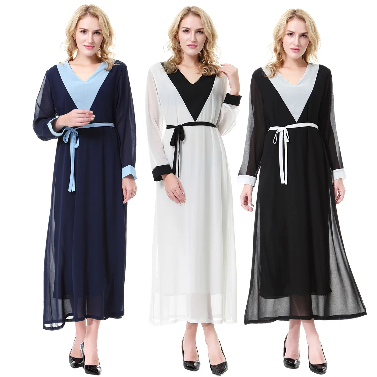 Medio Oriente Musulmano 2025 Nuove Donne di Modo con codice di Colore Casual Alla Moda Allentato Elegante Scollo A V Manica Lunga Telai Abiti Femminili