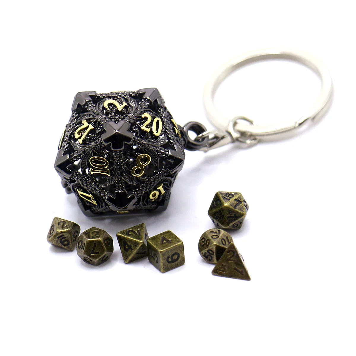 D20 Metal Hollow Box+7pcs Metal Dice Set, Portable Board Game Dice Mini Kit, Darkness Bloodstains Style Dice Pendant