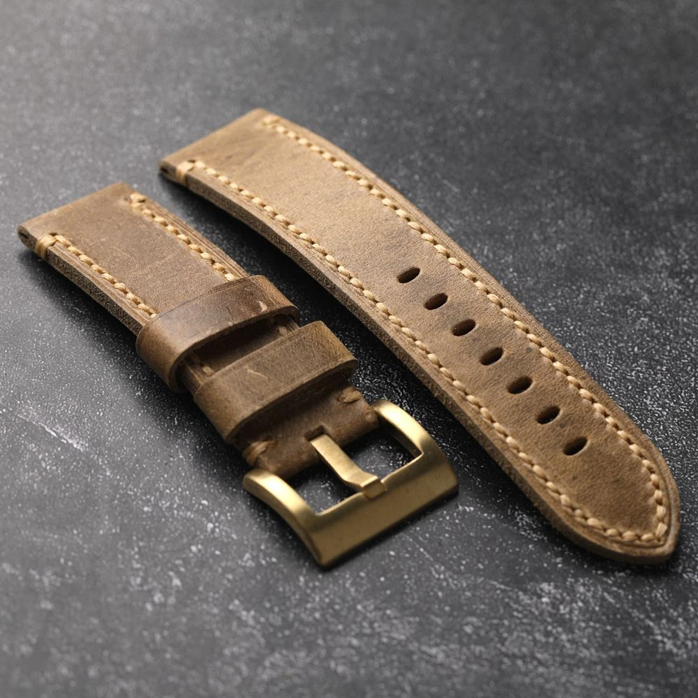 Handmade Head Layer Cowhide Leather Strap 20 22 24 26MM Bronze Buckle Retro Style Thickened Pure Copper Watch Accessories