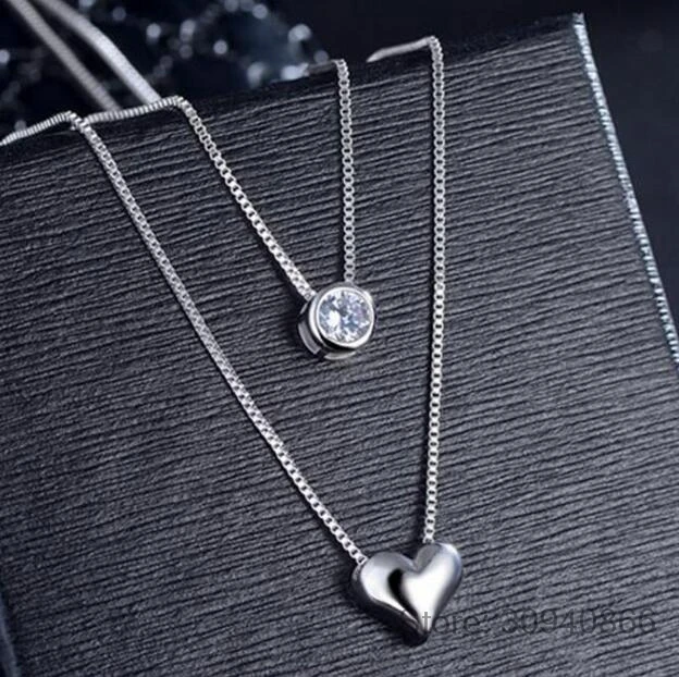 Wholesale Jewelry 925 Sterling Silver Double Layers Collarbone Necklace Chain CZ Love-heart Pendant Necklace For Women