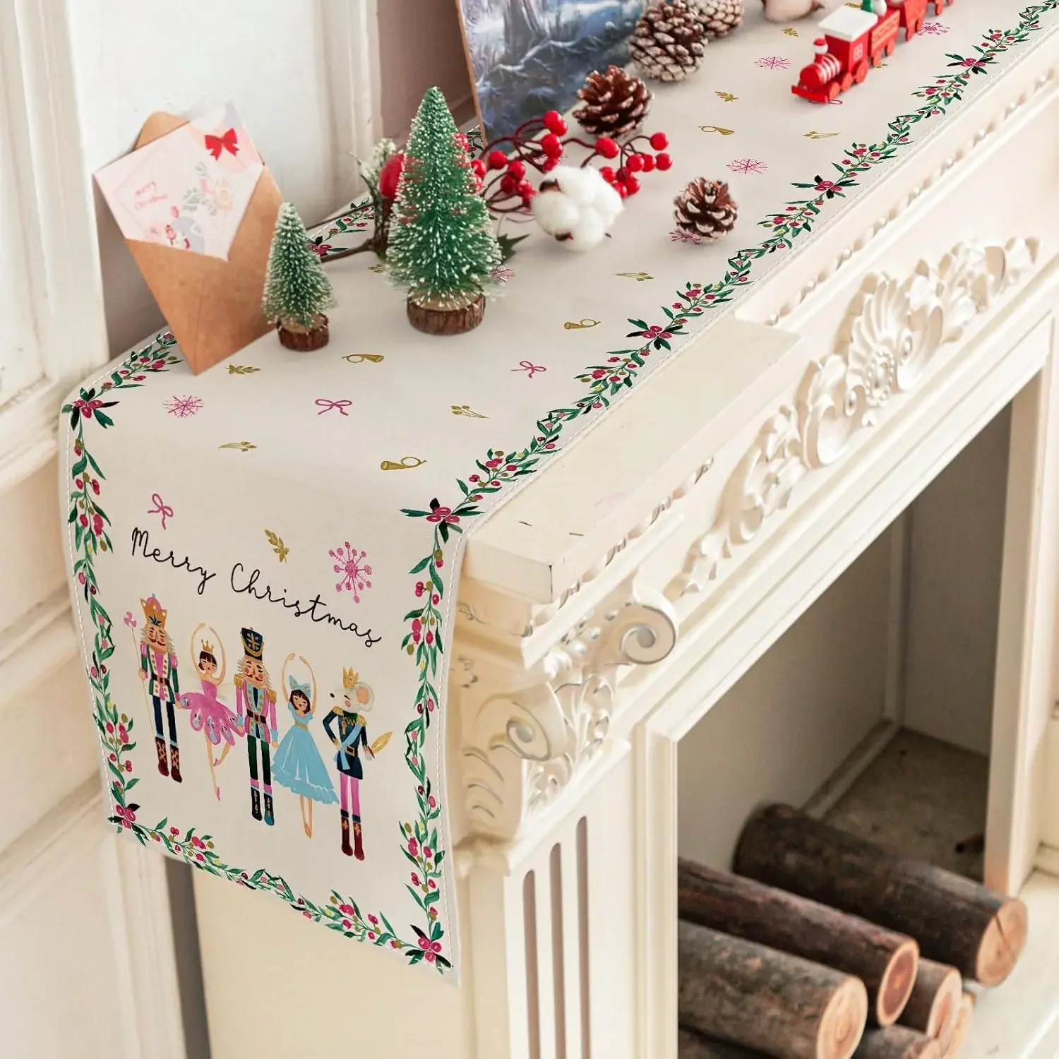 1Pc Christmas Nutcracker Ballet Style Table Runner Beige Floral Border With Merry Christmas Text And Dancing Figures Print Table