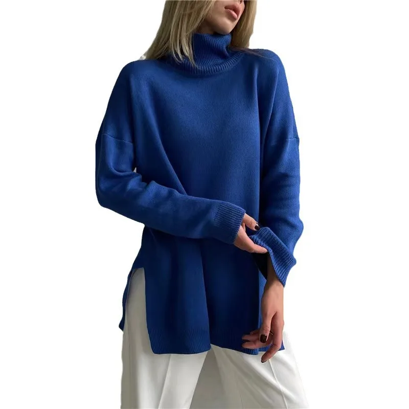 

Long Sleeve Top High Collar Long Sleeve Knitted Solid Color Sweater Womens Autumn And Winter Versatile Side Slit New Sweater Top