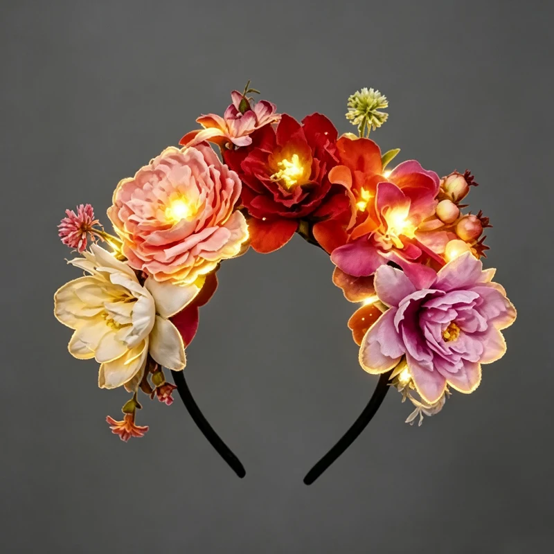 Day of the Dead Glowing Floral Halo Crown for Women led light up Vintage Peony Headpiece with Foliage for Gothic Boho Costume