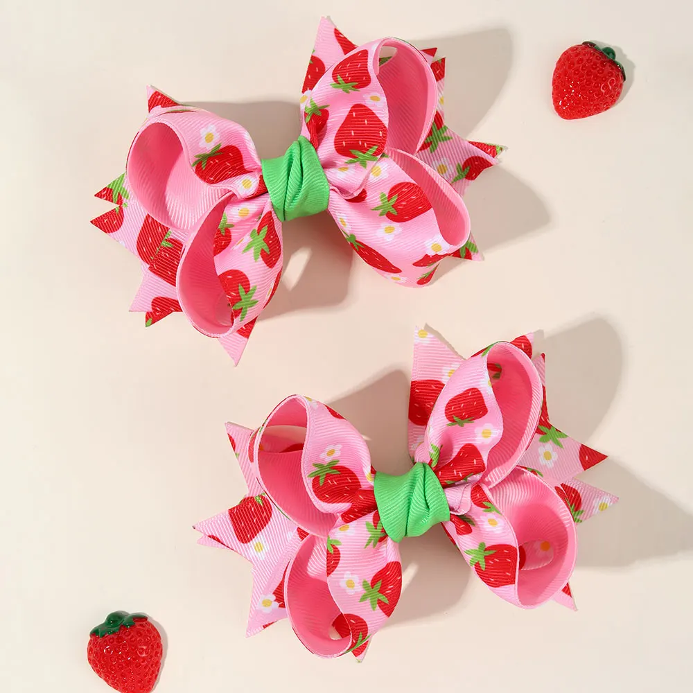 2Pcs Ribbon Strawberry Print Bows Hair Clips Bowknot Hairpin Kid Barrettes Pink Ponytail Clip Headwear Children Hair Accessories