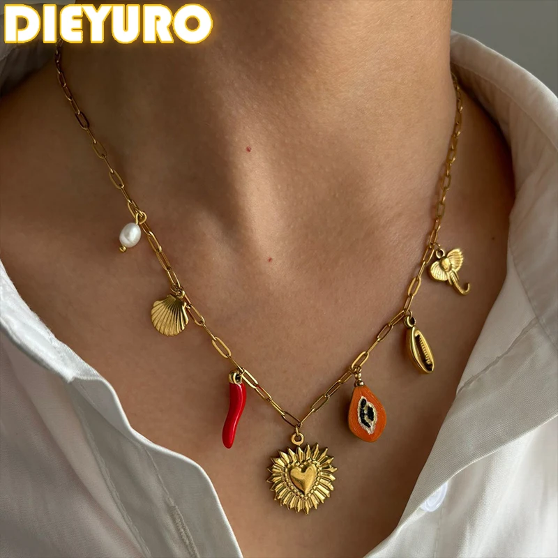 DIEYURO 316L Stainless Steel Red Enamel Pepper Pearl Shell Heart Sun Pendant Necklace Lady Waterproof New Vacation Neck Chain