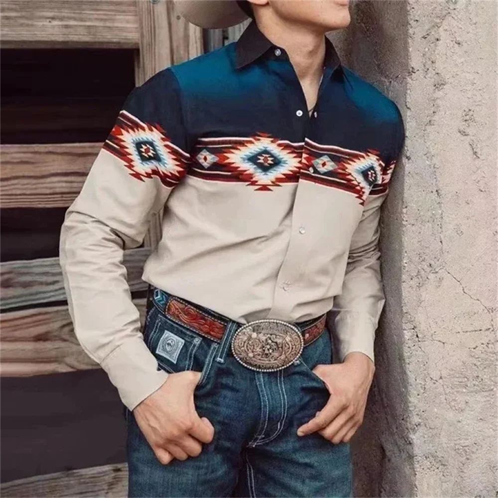 

Men's new hot selling denim elegant high-end luxury printed shirt slim fit casual button long sleeve shirt