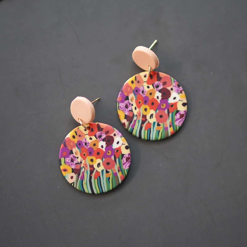 Impressionisim Rainbow Garden Multi Shapes Bright Deep Colors Art Abstract Handmade Polymer Clay Statement Earrings Sets Party