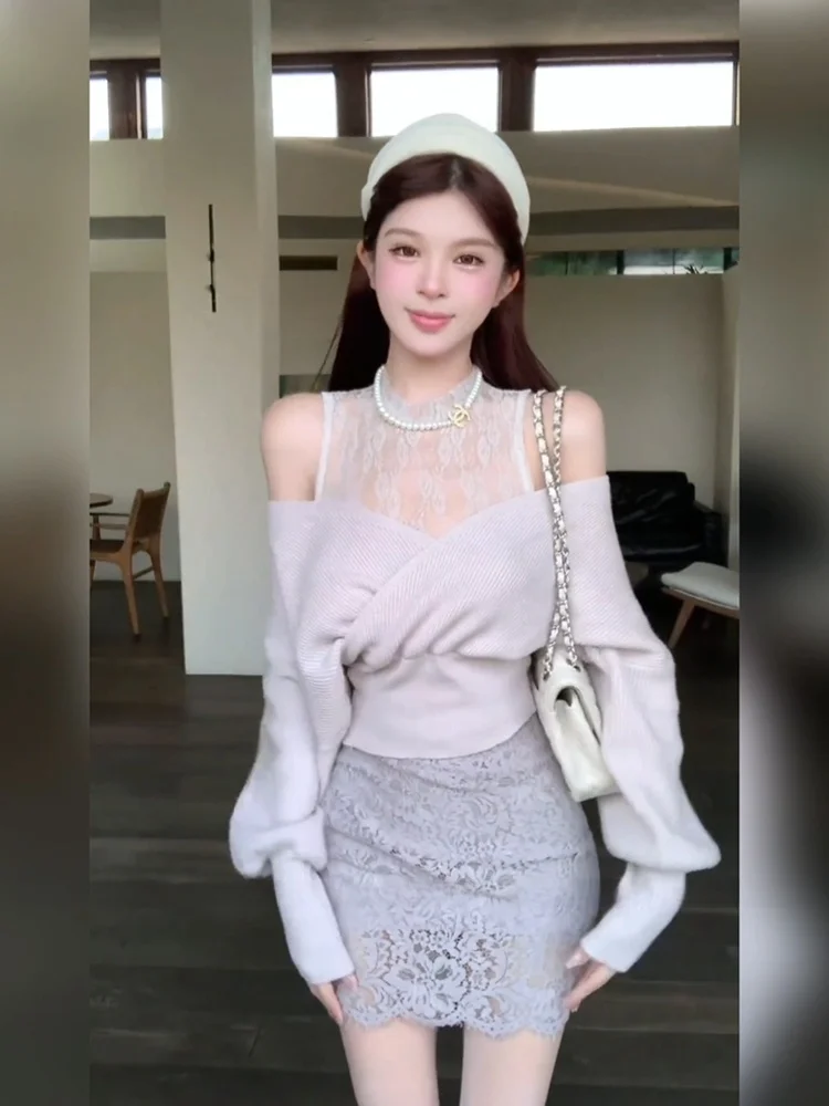 

Комплект XZY Chic: кружевной вязаный топ и юбка больших размеров, с открытыми плечами, облегающий костюм с высокой талией, повседневная одежда в корейском стиле, полиэстер...