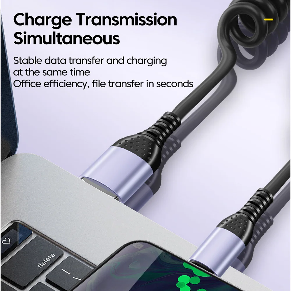 0.25M-1M Spring Cable USB Type C To Type C 6A Fast Charge Data Cable For iphone Android ipad USB C Short Power Bank Car Cord