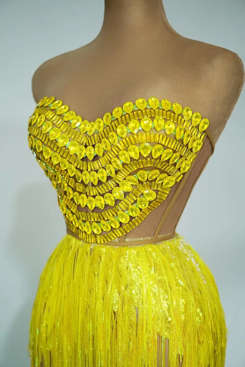 Birthday Outfit Yellow Sequin Tassels Women Corset Skirt Set Party Club Bar Outfit Photo Shoot Wear Stage Costume
