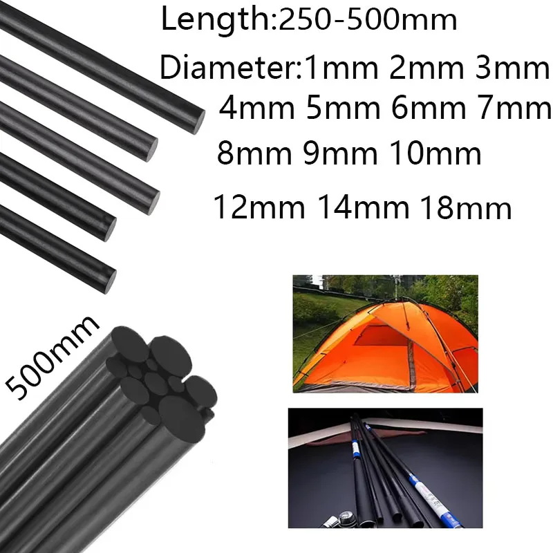 Tiges de fibres de carbons solides haute résistance, 1/5/10 pièces, 1-18mm (100/200/250/500mm de longueurs), adaptées au bricolage