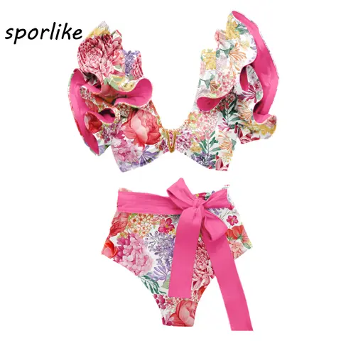 Sporlike V-Neck High Waist Bikini Sets Shoulder Ruffled Sexy Printed Swimsuit Two Pieces Swimwear Women 2025 Bathing Suits