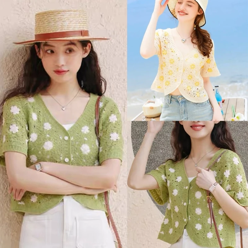 

Women Knitted Short Sleeve Hollow-Sweaters Cardigan Button Down Crochet Crop Top Dropship