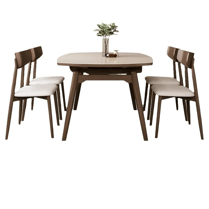 

Retractable solid wood rock slab dining table, variable round table, small household
