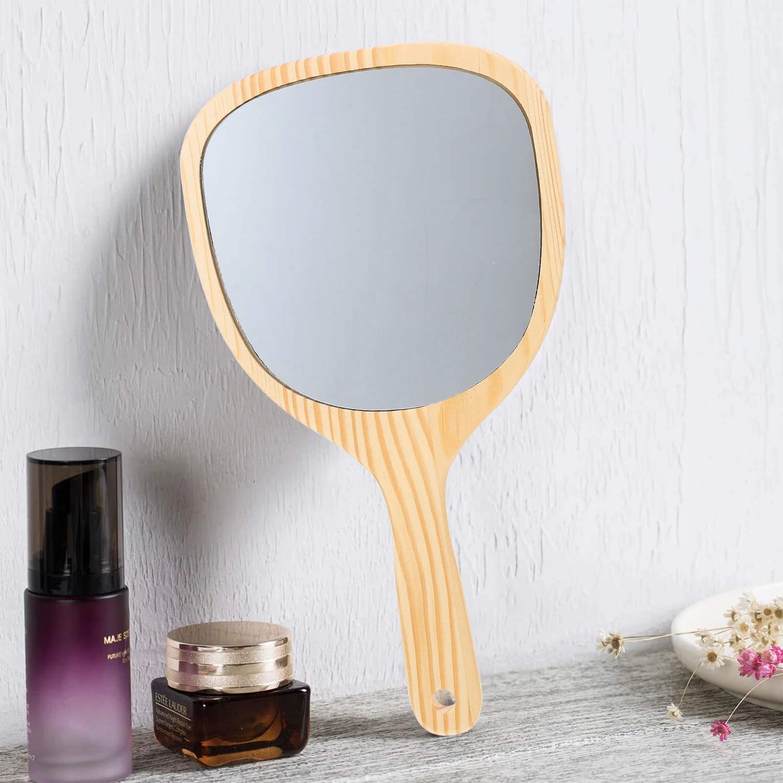 Vanity Hand Held Mirror Travel Makeup Wooden Handle Handheld Dressing Table Women Portable Phone Charms Man