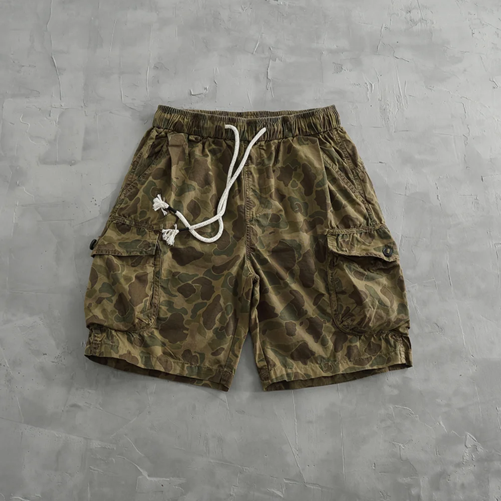 Vintage De Spot Camouflage Cargo Shorts Men's Loose Straight Leg Summer New Multi-pocket Quarter Pants Casual Pants Trend