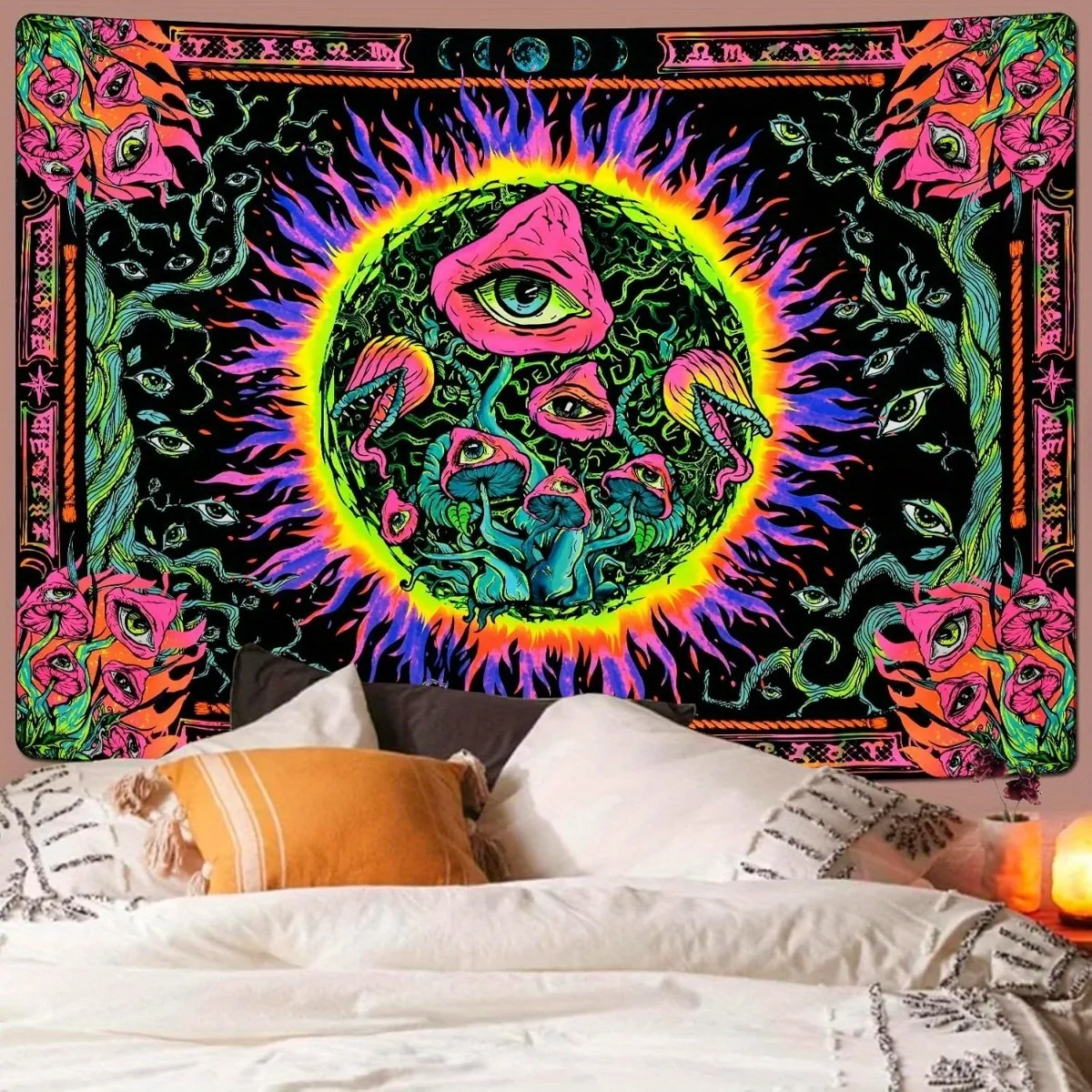 VIKAMA Fluorescent Mushroom Eyes, Sun Mandala Tapestry, Psychedelic Wall Hanging For Home Decor, For Party, Bedroom, Living Room