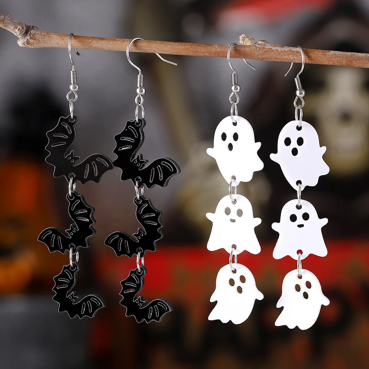 New Halloween Earrings White Ghost Black Bat Triple Splicing Pendant Earrings Acrylic Gothic Style Halloween Decoration Gift