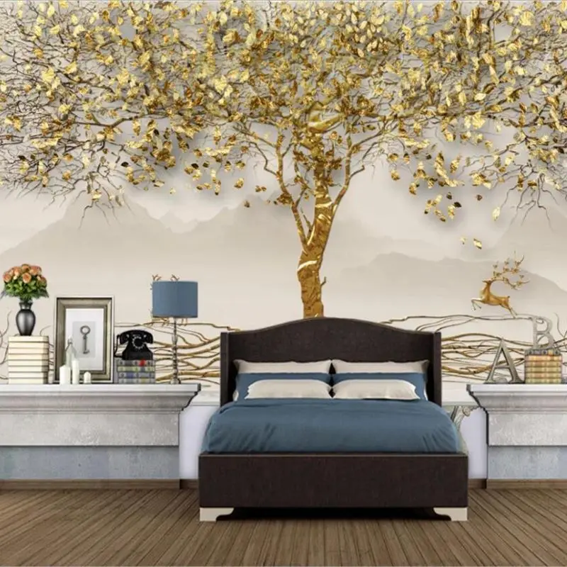 

Custom mural 3d new Chinese gold leaf forest elk landscape wallpaper living room bedroom a tree golden rich tree background wall