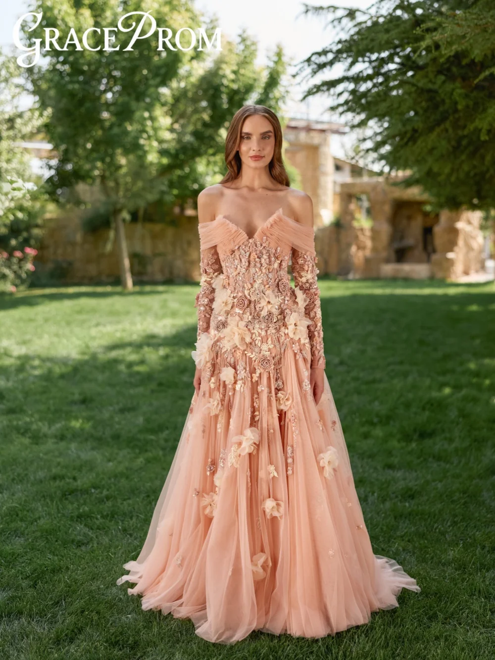 

Blush Pink 3D Floral Embroidery Evening Dress Off Shoulder Long Sleeved Wedding Party Gown Customzied A-line Tulle Prom Dresses