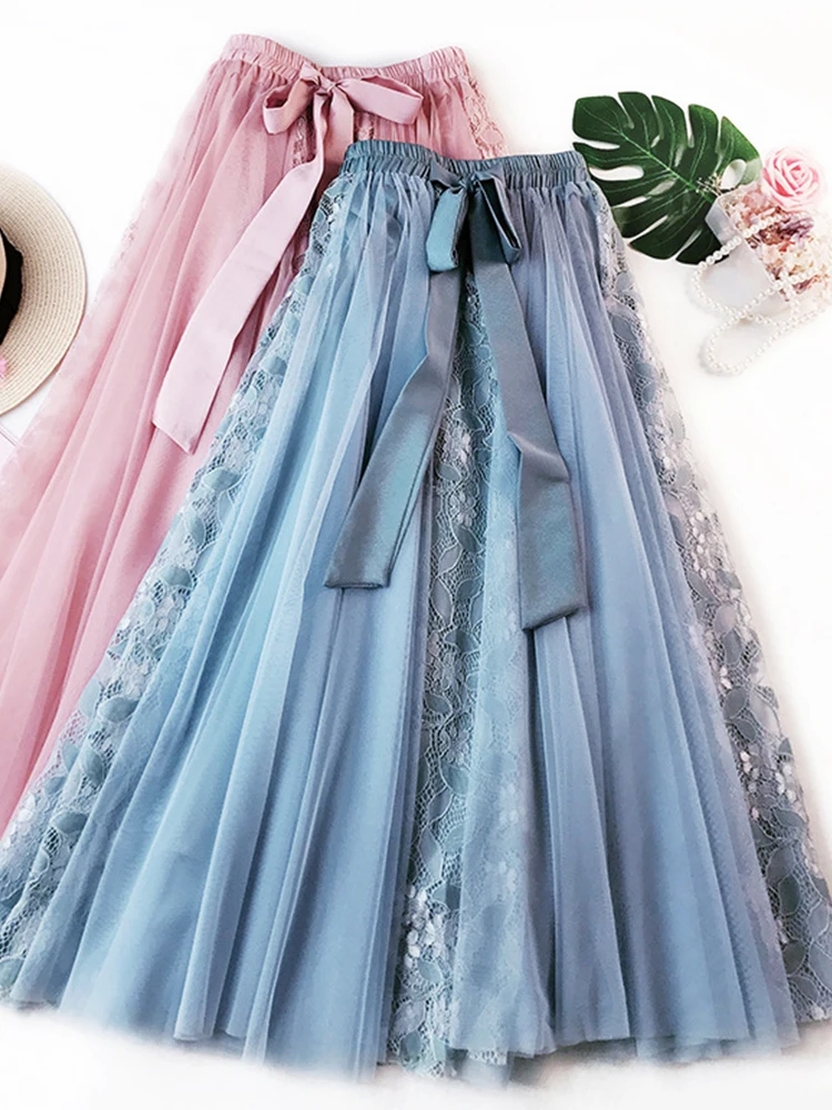 

Fashion Tutu Tulle Skirt Women Long Maxi Skirt Korean Cute Bow High Waist Pleated Skirt Female School Sun Spodnica