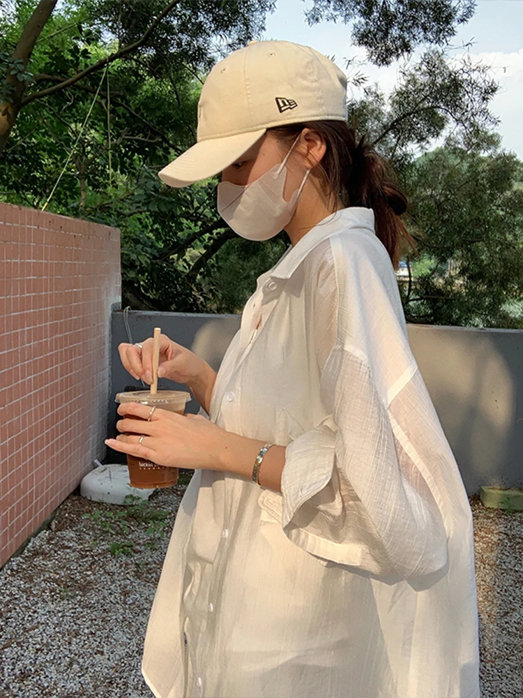 Black Summer Thin Ice Silk Shirts Women's Sun Protection Clothing Transparent Chiffon Top Spring Autumn Season Outerwear