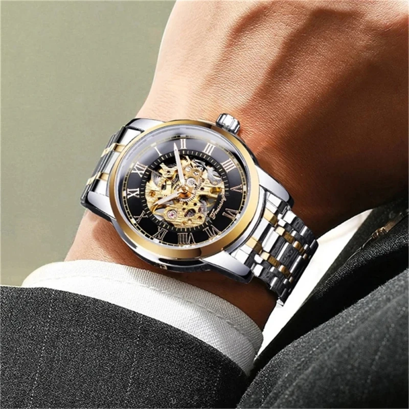 Forsining 349 Luxury Fashion Skeleton Hollow Mechanical Stainless Steel Men Clock Business Wristwatch