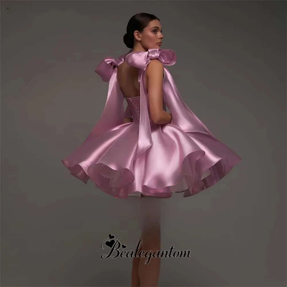 Bealegantom Pink Chic Homecoming Dresses 2025 Sweetheart Satin Short Prom Dress with Voluminous Skirt and Bows Hoco Dress H19 image 4