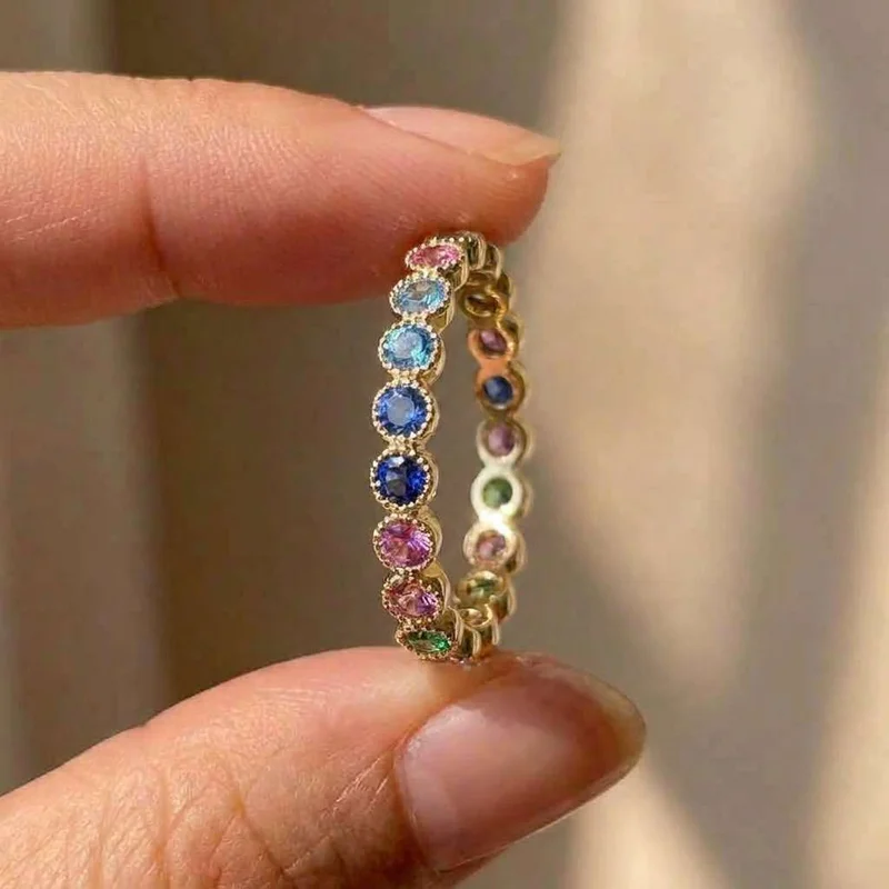 925 Sterling Silver Colorful Rainbow Zirconia Promise Rings for Women Gold Color Luxury Trendy Wedding Accessories Girl Jewelry
