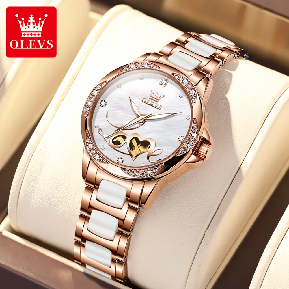 

OLEVS Luxury "LOVE" Shaped Hollow Women's Mechanical Watches Elegant Ceramic Strap Automatic Movement Waterproof Ladies Watch