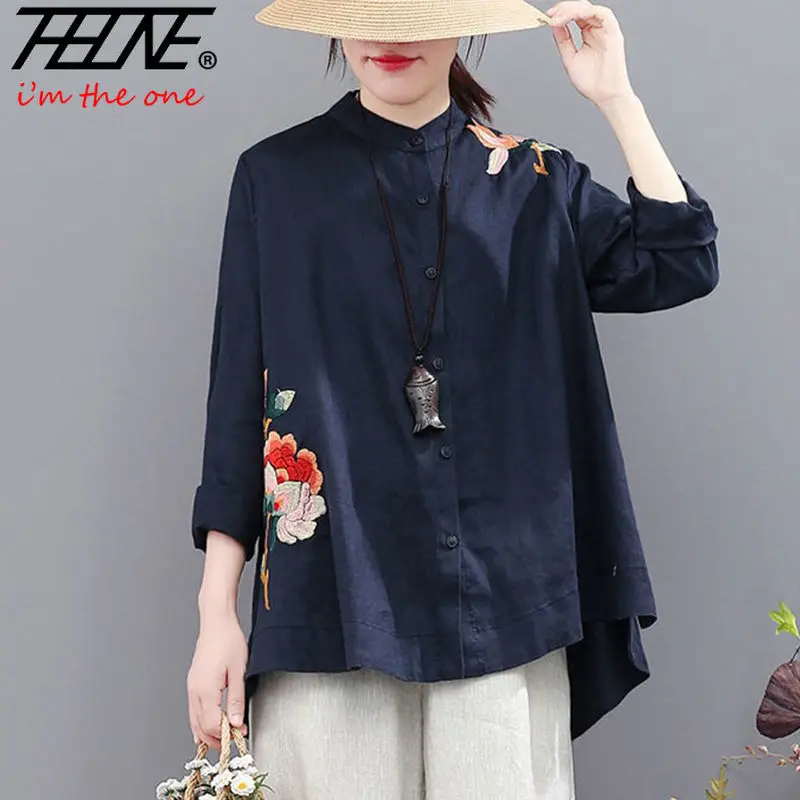 Summer Women\'s Clothing Shirts Blouse Casual Button Embroidery Flower Vintage Cotton Linen Long Sleeve Women Shirt Chinese Style