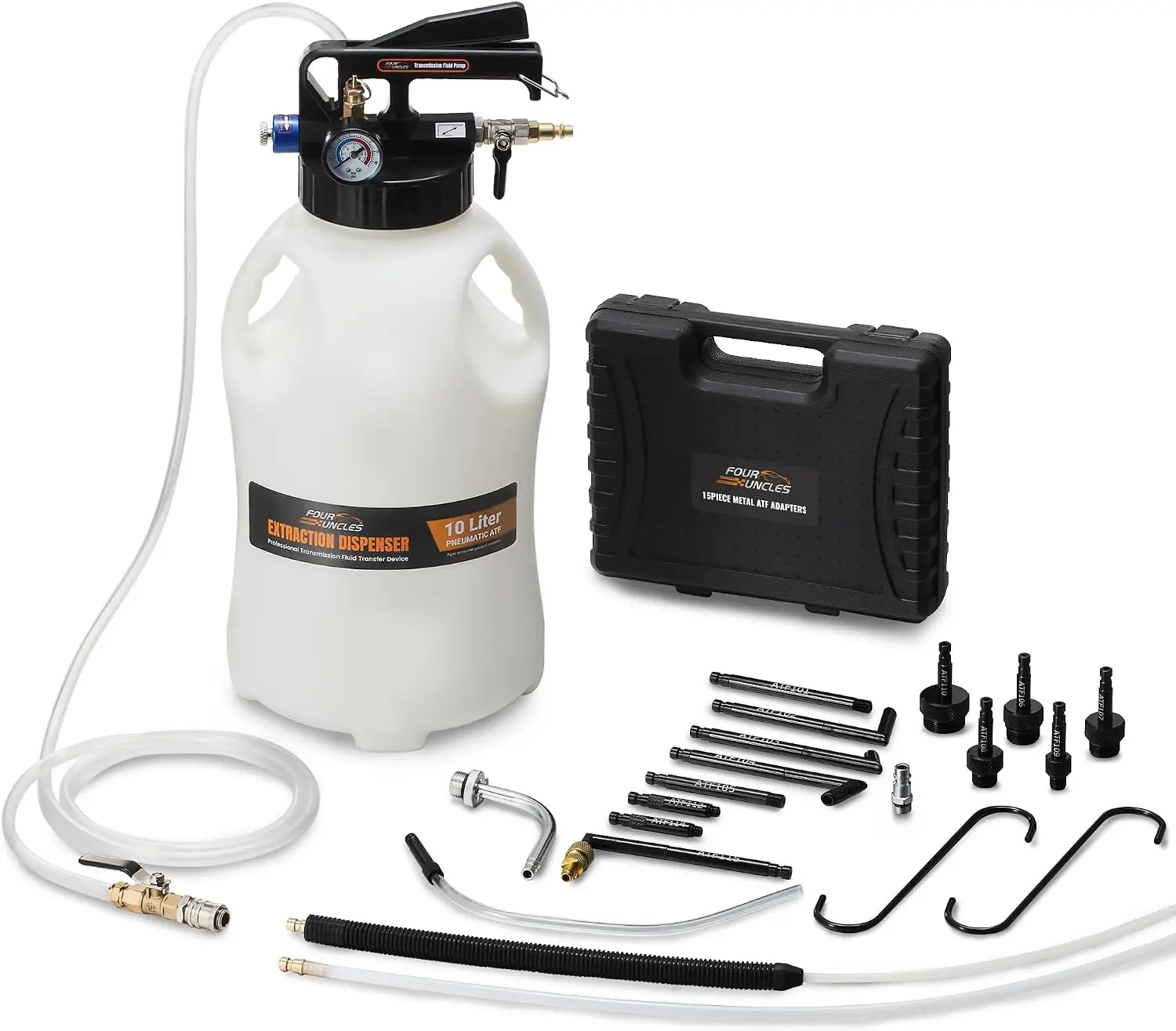 Transmission Fluid Pump - Pneumatic Transmission Fluid Extractor and Dispenser with 15 Metal ATF Adapters and Pressure Gauge