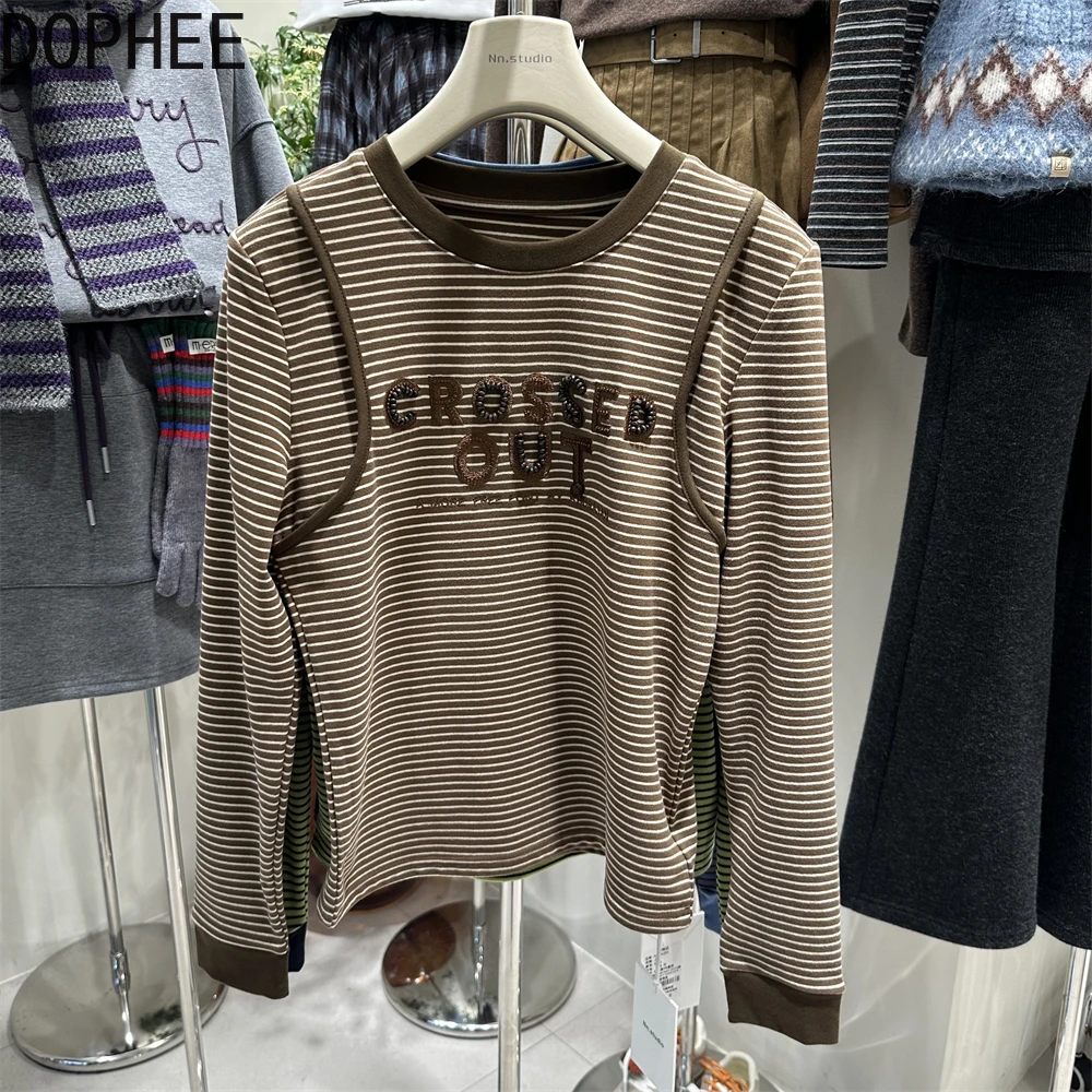 

Dopamine Colored Stripes Long Sleeve Women Tshirts Colorblock Autumn Winter Round Neck Pullover Top Beads Letters Slim T-shirts