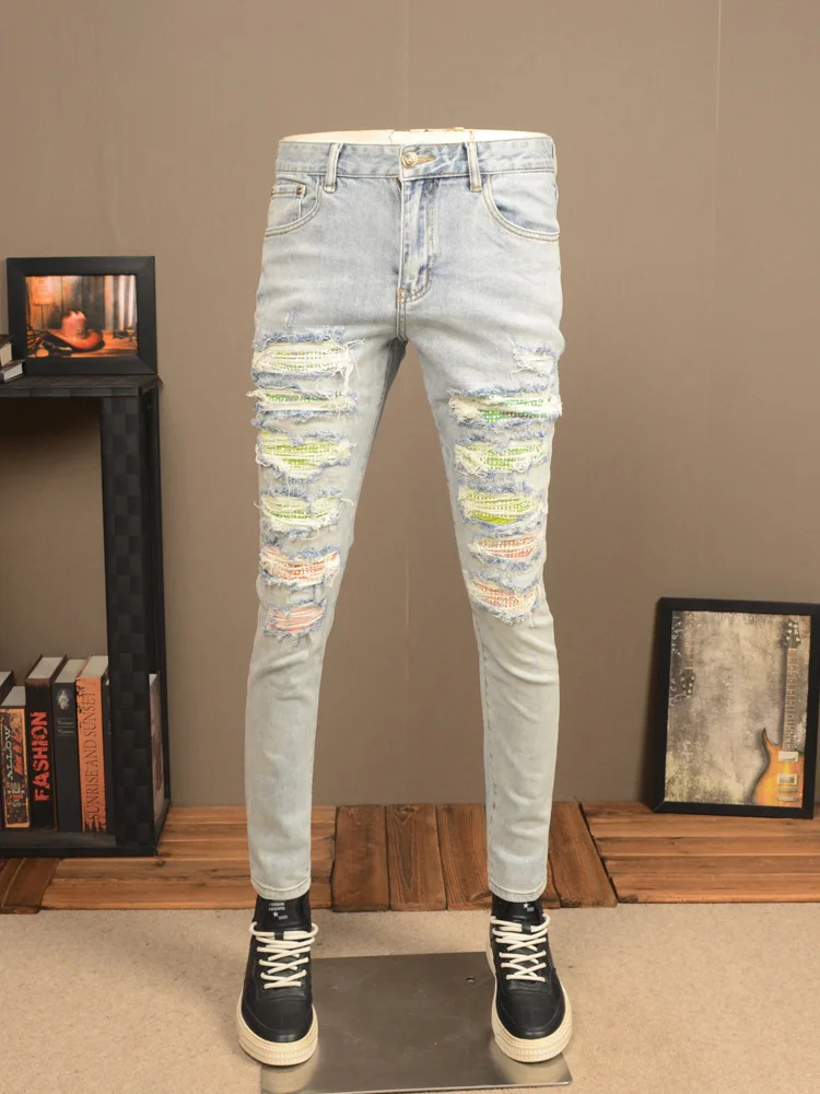 Light Color Hole Jeans Men's Motorcycle Fashion Scrape Design Stretch Slim Fit Skinny Patch Washed Distressed Men's Pants
