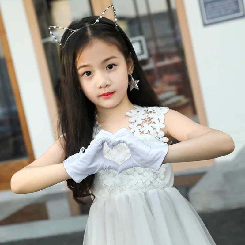 Princess Flower Girl Long Wedding Gloves Evening Party Kids Glove Birthday Pearl Lace Bowknot Performance Gloves For Child