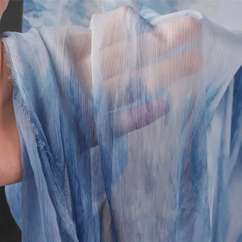 100x150 सेमी वेव ब्लू व्हाइट टाई-डाईड ग्रेडिएंट शिफॉन फैब्रिक सिल्क स्क्रीन यार्न चीनी शैली कार्डिगन ड्रेस डिजाइनर कपड़ों के लिए 6 best sales सफेद ब्रोकेड कपड़ा - №5